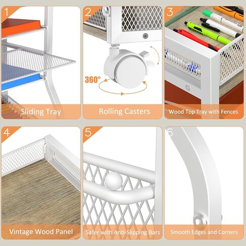 5-Tier Rolling File Cart with Hanging File Folders, Mobile Desk File Organizer on Lockable Wheels, Wood & Mesh Paper Letter Sliding Trays Organization for Office, Home, School, Patent in Saudi Arabia