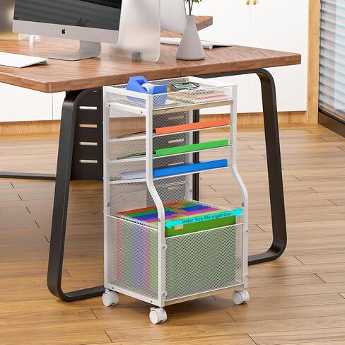 5-Tier Rolling File Cart with Hanging File Folders, Mobile Desk File Organizer on Lockable Wheels, Wood & Mesh Paper Letter Sliding Trays Organization for Office, Home, School, Patent in Saudi Arabia