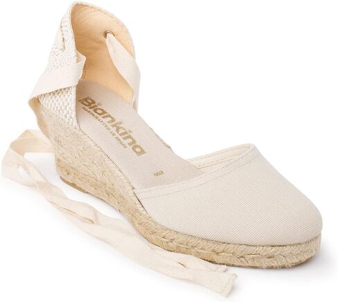 Sevilla Authentic Spanish Espadrille Wedge Sandals for Women - Sustainable, Eco Friendly, Vegan Shoes. Classic Style, Organic Cotton Canvas Upper, Comfy Insole, Jute Midsole, Rubber Sole. Made in Spain in Saudi Arabia