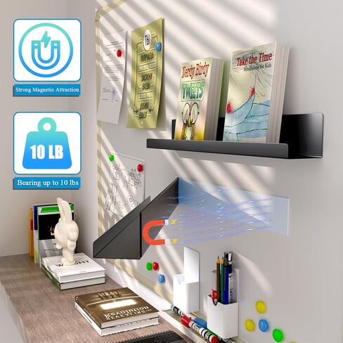 رف الكتب المغناطيسية المعدنية: مجموعة من امتصاصين قويين ، مع حاملي القلم المغناطيسي ، والمنظم المثبت على الحائط الثقيلة للكتب ، والمكاتب ، وغرفة الأطفال ، وتصميم حديث لتوفير الفضاء (شبكة أسود) in Kuwait