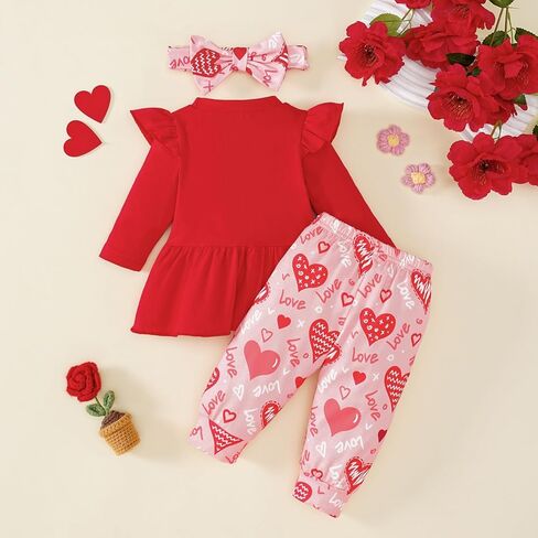 Noubeau My 1st Valentines Day Girl Firm Firm Stups Heart Heart Print Tunic Drees Shirt Stripe Pants Legging Winter in Saudi Arabia