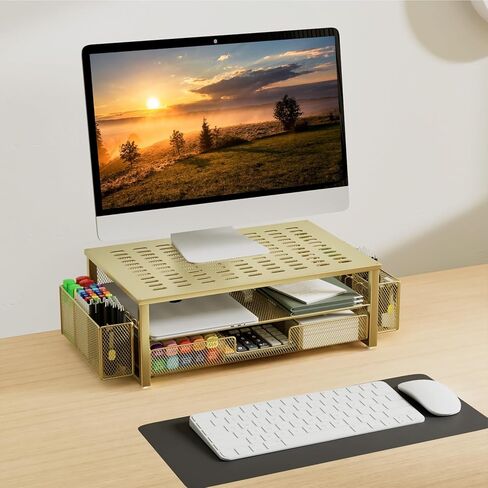 gianotter Desk Computer Monitor Stand Riser with Drawer and 2 Pen Holder, Desk Organizer, Monitor Stand for Desk, Storage for Classroom Office Supplies Decor (Black) in Saudi Arabia
