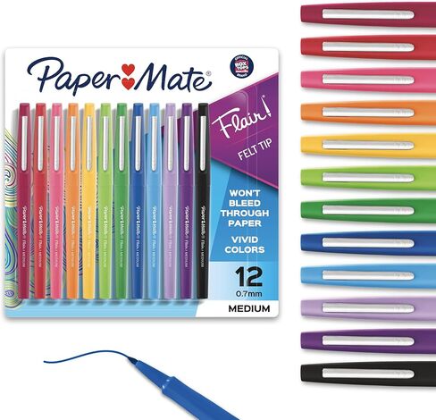 Paper Mate Flair Felt Tip Pens, Medium Point (0.7mm), Assorted Colors, 1 Pack of 12 in Kuwait