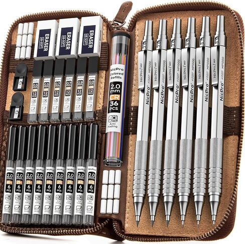 Nicpro 30PCS Black Metal Mechanical Pencil Set in Leather Case, Art Drafting Pencil 0.5, 0.7, 0.9 mm, 2mm Lead Pencil Holders for Sketching Drawing With 16 Tube (6B 4B 2B HB 2H 4H Colors)Lead Refills in Saudi Arabia