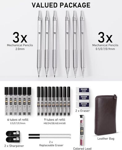Nicpro 30PCS Black Metal Mechanical Pencil Set in Leather Case, Art Drafting Pencil 0.5, 0.7, 0.9 mm, 2mm Lead Pencil Holders for Sketching Drawing With 16 Tube (6B 4B 2B HB 2H 4H Colors)Lead Refills in Saudi Arabia