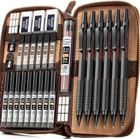 Nicpro 30PCS Black Metal Mechanical Pencil Set in Leather Case, Art Drafting Pencil 0.5, 0.7, 0.9 mm, 2mm Lead Pencil Holders for Sketching Drawing With 16 Tube (6B 4B 2B HB 2H 4H Colors)Lead Refills in Saudi Arabia