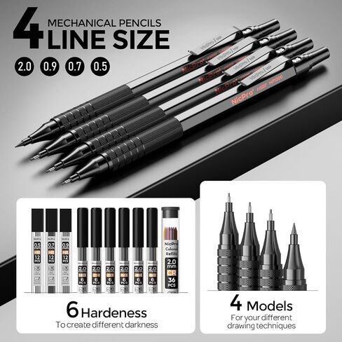 Nicpro 30PCS Black Metal Mechanical Pencil Set in Leather Case, Art Drafting Pencil 0.5, 0.7, 0.9 mm, 2mm Lead Pencil Holders for Sketching Drawing With 16 Tube (6B 4B 2B HB 2H 4H Colors)Lead Refills in Saudi Arabia