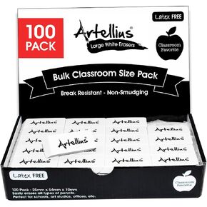 Artellius White Erasers - Large Size Latex & Smudge Free - Bulk School Supplies for Classrooms, Drawing, Teachers, Homeschool, Office, Art Class - Pack of 100