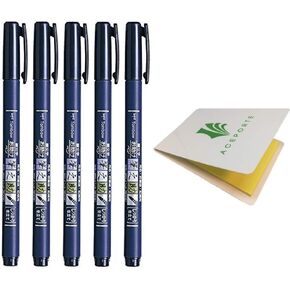 Tombow Fudenosuke Fude Brush Pen Hard (GCD-111) x5 Set, with Original Sticky Notes – Great for Calligraphy, Art Drawings, Illustration, Manga