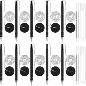 Security Pen Set with Bead Chain and Holder, Desktop Pens with Chains, Blank Ink Refills for Office Bank Supplies