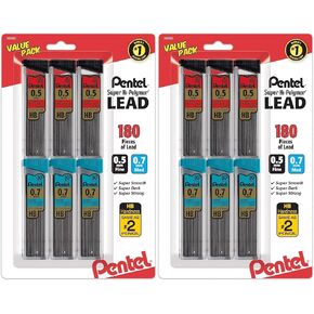 Pentel Super Hi-Polymer Lead Refills Value Pack, (0.5mm and 0.7mm), Fine/Medium Line, HB, Pack of 6, 180 Pieces of Lead (C257BPHB6)