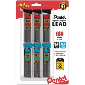 Pentel Super Hi-Polymer Lead Back Pack ، (0.5 مم و 0.7 مم) ، خط غرامة/متوسطة ، HB ، حزمة من 6 ، 180 قطعة من الرصاص (C257BPHB6)