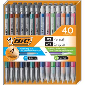 Bic Mechanical Pencil #2 EXTRA SMOOTH, Variety Bulk Pack Of 40, 20 0.5mm With 20 0.7mm Led Pencils, Assorted Colored Barrels, for professional Office & School Use.