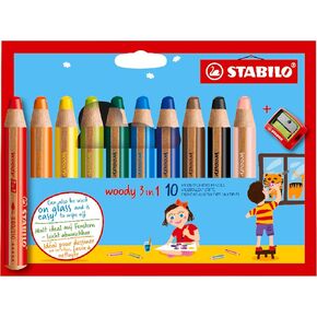 STABILO Multi-Talented Pencil woody 3 in 1 - Pack of 10 - Assorted Colors with Sharpener
