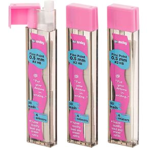 Enday Mechanical 0.7 Lead Pencil and Eraser Refills, Black HB #2 Lead 0.7 Refill, White Eraser Refills for Pencil Tops, Pack of 3 (30 Pieces of Lead and 6 Erasers per Tube)