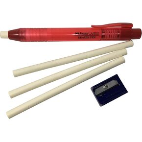 Faber-Castell Pen Mechanical Stick Retractable Eraser Set with 2 Extra Refills + 1 FREE Sharpener(assorted colors) For School Kids Office Home (Red)
