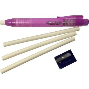 Faber-Castell Pen Mechanical Stick Retractable Eraser Set with 2 Extra Refills + 1 FREE Sharpener (assorted colors) For School Kids Office Home (Purple)