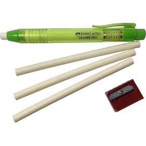 Faber-Castell Pen Mechanical Stick Retractable Click Eraser Set with 2 Extra Refills + 1 FREE Sharpener(assorted colors) For School Kids Office Home (Green)