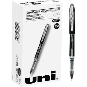 Uni-Ball Vision Elite Rollerball Pens, Black Pens Pack of 12 - Micro Japanese Pens with 0.5mm Ink, Teacher Pen, Smooth Writing School Pens, Journaling Pens, School & Office Supplies