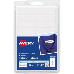 Avery No-Iron Fabric Labels, 1/2" x 1-3/4", Washer and Dryer-Safe Waterproof Labels, Non-Printable, 54 Blank Labels Total (40720)