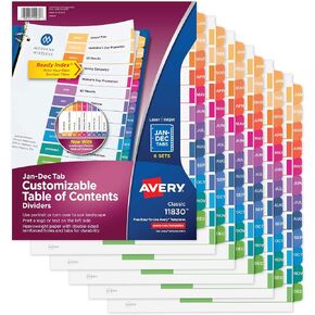 Avery Jan-Dec 12 Tab Dividers for 3 Ring Binders, Customizable Table of Contents, Multicolor Tabs, 6 Sets (11830)