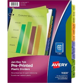 Avery Pre-Printed Jan-Dec Plastic Dividers for 3 Ring Binders, 12-Tab Set, Multicolor, 1 Set (11331)