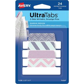 Avery Margin Ultra Tabs, 2.5" x 1", 2-Side Writable, Assorted Pastel Colors, 24 Repositionable Tabs (74769)