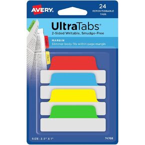 Avery Margin Ultra Tabs, 2.5" x 1", 2-Side Writable, Assorted Pastel Colors, 24 Repositionable Tabs (74769)