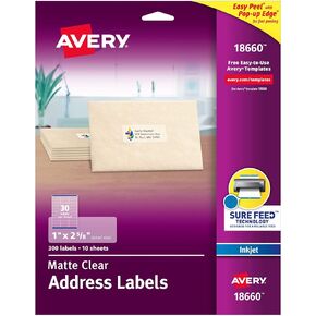 Avery Printable Address Labels with Sure Feed, 1" x 2-5/8", Matte Clear, 300 Blank Mailing Labels (18660)