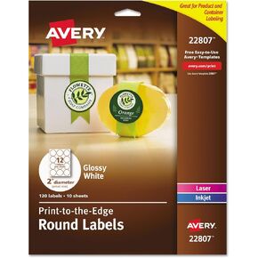Avery Printable Round Labels with Sure Feed Technology, Glossy White Labels, 2" Diameter, Permanent Adhesive, Laser/Inkjet, 120 Glossy Labels Total (22807)