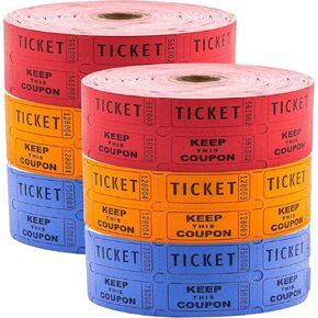 Toysery Multicolor Raffle Tickets - 6000 Tickets (3 Double Rolls of 2000 Tickets Roll), Consecutively Numbered Fundraiser 50/50 Raffle Tickets for Christmas Party, Concert, Carnivals & Other Event