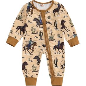 Western Newborn Baby Boy Cowboy Clothes Long Sleeve Zipper Romper One-Piece Jumpsuit Cute Infant Outfit