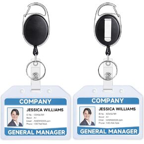 Teskyer 2 Pack Heavy Duty Retractable Badge Holders with Carabiner Reel Clip and Extra Thick Clear Name Tag ID Card Holders, Horizontal