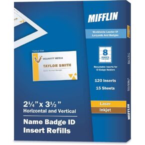 Mifflin-USA Name Badge Inserts, 2.25x3.5" or 3.5x2.25" Badge Inserts (280 Cardstock Refills, 35 Sheets), Compatible with Inkjet, Laser Printer, and Printable Badge Inserts