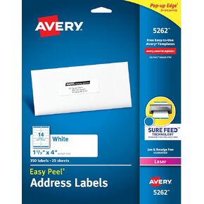 Avery Easy Peel Pertible Admit Labels مع خلاصة مؤكدة ، 1-1/3 "× 4" ، أبيض ، 1400 علامة بريدية فارغة لطابعات الليزر (5162)