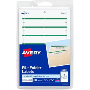 Avery File Folder Labels on 4" x 6" Sheets, Easy Peel, White/Green, Print or Write, 2/3" x 3-7/16", 252 Labels (5203)