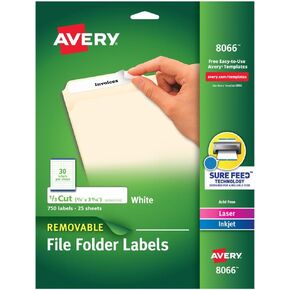 Avery File Folder Labels with Sure Feed, 2/3" x 3-7/16", 750 Printable Labels, Removable, White (8066)