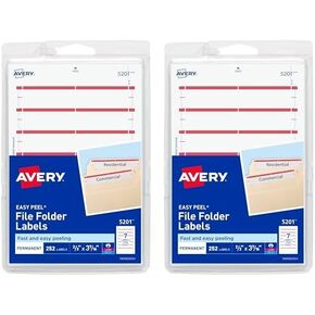 Avery File Folder Labels on 4" x 6" Sheets, Easy Peel, White/Red, Print & Handwrite, 2/3" x 3-7/16", 252 Labels (5201)