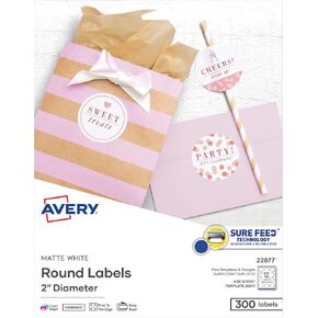 Avery Printable Round Labels with Sure Feed, 2" Diameter, Matte White, 300 Customizable Labels (22877)