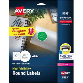 Avery High Visibility Printable Round Labels with Sure Feed, 1-2/3" Diameter, White, 600 Customizable Blank Labels (5293)