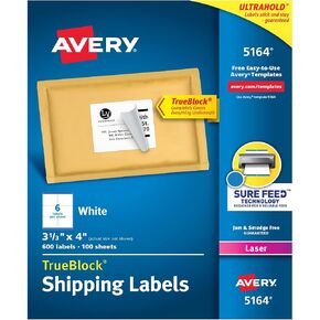 Avery Printable Shipping Labels with Sure Feed, 3-1/3" x 4", White, 600 Blank Mailing Labels for Laser Printers (5164)