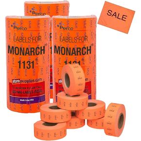Perco White Pricing Labels for Monarch 1131 Price Gun - 1 Sleeve, 8 Rolls, 20,000 Price Marking Labels - with Ink Roll Included