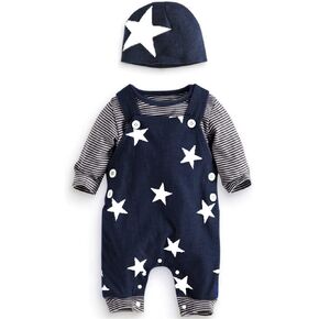 Newborn Baby Boy Outfit Set 3-6 Months Infant Fall Winter Shark Clothes Set Blue Overalls 3pcs Stripest Top and Overalls with Blue Hat