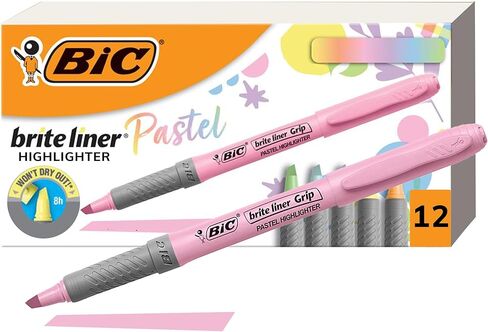 BIC Brite Liner Grip Pastel Highlighter Set, Chisel Tip, 12-Count Pack of Pastel Highlighters in Assorted Colors, Cute Highlighters for Bullet Journaling, Note Taking and More in Saudi Arabia