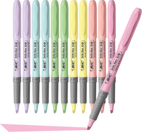 BIC Brite Liner Grip Pastel Highlighter Set, Chisel Tip, 12-Count Pack of Pastel Highlighters in Assorted Colors, Cute Highlighters for Bullet Journaling, Note Taking and More in Saudi Arabia