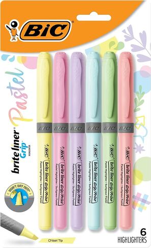 BIC Brite Liner Grip Pastel Highlighter Set, Chisel Tip, 12-Count Pack of Pastel Highlighters in Assorted Colors, Cute Highlighters for Bullet Journaling, Note Taking and More in Saudi Arabia