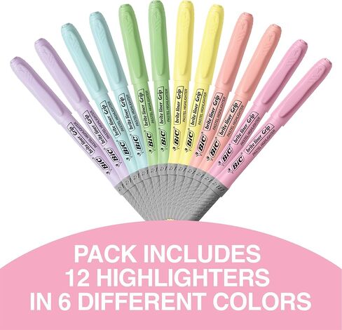 BIC Brite Liner Grip Pastel Highlighter Set, Chisel Tip, 12-Count Pack of Pastel Highlighters in Assorted Colors, Cute Highlighters for Bullet Journaling, Note Taking and More in Saudi Arabia