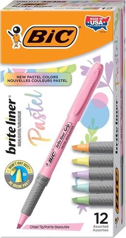 BIC Brite Liner Grip Pastel Highlighter Set ، طرف إزميل ، حزمة 12-Count من الباستيل المرتفعات بألوان متنوعة ، أبراج عالية في مجلة الرصاص ، وأخذ المزيد من الملاحظات والمزيد in Saudi Arabia