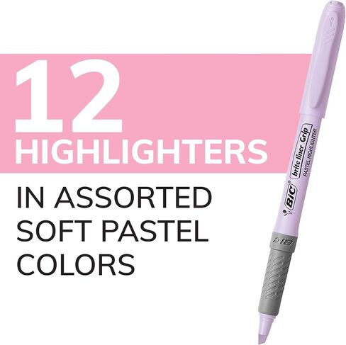 BIC Brite Liner Grip Pastel Highlighter Set ، طرف إزميل ، حزمة 12-Count من الباستيل المرتفعات بألوان متنوعة ، أبراج عالية في مجلة الرصاص ، وأخذ المزيد من الملاحظات والمزيد in Saudi Arabia