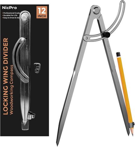 Nicpro 8 Inch Compass for Woodworking with Wing and Pencil Holder, Professional Carpenter Pencil Compass Great for Geometry, Drawing, Drafting in Kuwait